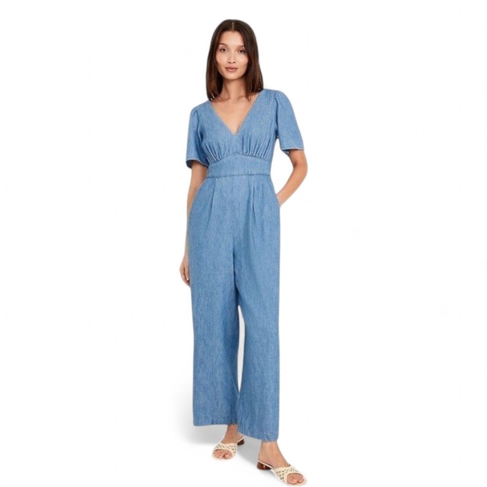 Old Navy Waist Defined Denim Puff Sleeve Wide-Leg Jumpsuit Women's Sz M